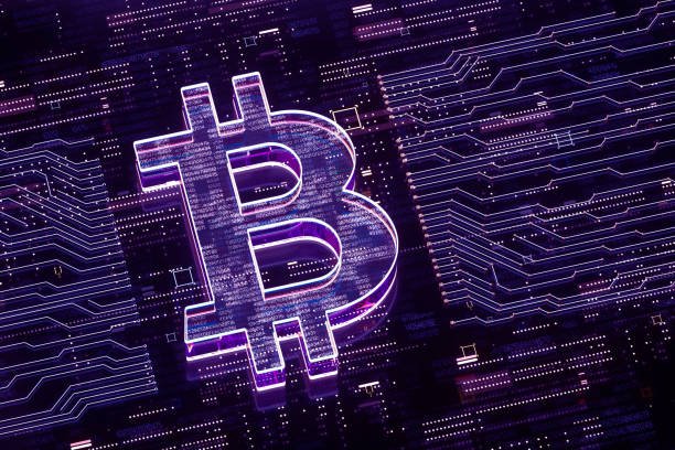 Digital generated image of bitcoin sign  over glowing digital circuit board.